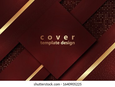Red geometric shapes on a background of halftones from squares. Inclined stripes and small particles of gold color. Universal template for cover design, business card, flyer. Vector illustration