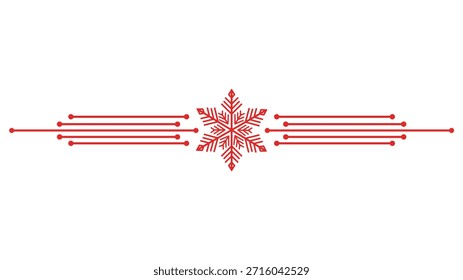 Divisor geométrico rojo del texto del copo de nieve con las líneas paralelas y los puntos, ornamento de las vacaciones de invierno para las tarjetas de felicitación, Ilustración vectorial aislada