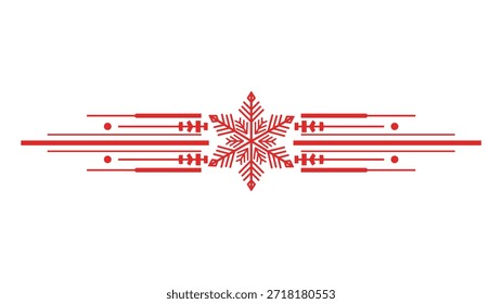 Divisor geométrico rojo del texto del copo de nieve con las líneas Horizontales, ornamento del día de fiesta del invierno para las tarjetas de felicitación, Ilustración vectorial aislada