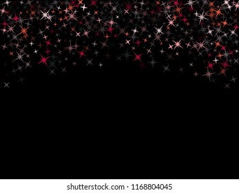 Red geometric star pattern sparkle vector. Minimal colored confetti of flying stars, magic geometric sparkles stardust vector background on black. Magical party design.