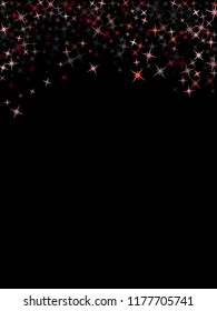 Red geometric star pattern sparkle vector. Colorful confetti of flying stars, magic geometric sparkles on black. Modern party design.