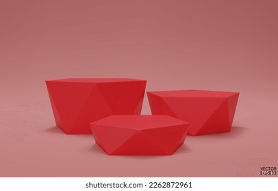 Red geometric step podium. 3 red hexagon cube, Square podium in red background. Concept scene stage showcase, product, promotion sale, banner, presentation, cosmetic. 3D vector illustration.