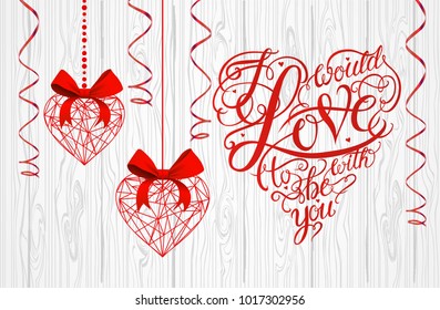 Red Geometric valentine hearts abstract composition. Vector illustration. Love Lettering vector calligraphy in a heart shape.