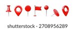 Red geotag different forms 3D plastic style vector icons set. Thumbtack, push pin and flag tags. Realistic map pointer sign. Travel app navigation render symbol. GPS location and position mark