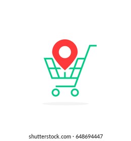 red geotag icon with green shopping cart. simple flat style trend modern logotype graphic design on white background. concept of find a hypermarket on the map in city and marketing on-line service