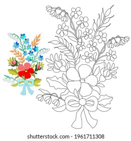 Red geranium,white lilies of the valley,blue forget-me-nots,yellow wheat, green leaves,bluish bow,stylized,hand-drawn,black line on white background,use for coloring,print on fabric,for diary cover
