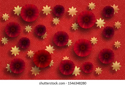 Red gerbera flowers with golden stars on a red-pink background with whirlpool patterns. Free space. Greeting card.