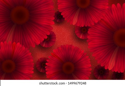 Red gerbera flowers on a red-pink background with whirlpool patterns. Free space. Greeting card.