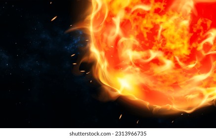 Red giant burning sun in outer space with solar flare, abstract science background. Splashes of prominences, hot sun flares on the star surface. Science illustration. Sun. Global warming. Vector EPS10