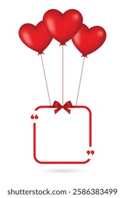 red gift air balloon heart shape with hanging red quote frame greeting card and bow