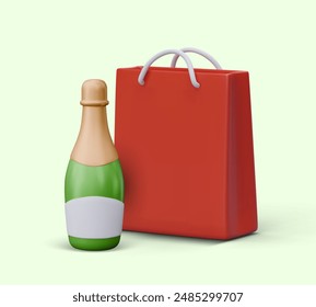 Bolsa de regalo roja, botella de champán. maqueta de Vector, elementos sin marca, etiqueta en blanco para texto, logotipo, Precio