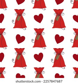 Red gift bag with red heart. Bright festival seamless pattern.
