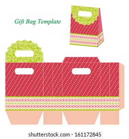 Red gift bag template with dots and ribbon. Vector illustration.