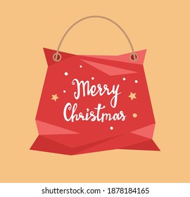 Red gift bag with text: Merry Christmas. Vector