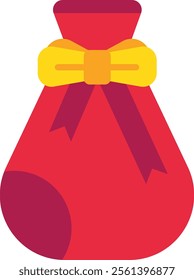 Red gift bag with yellow bow and purple ribbons tied on top, representing gifts, celebrations, holidays, and special occasions, with a focus on the festive and joyful atmosphere