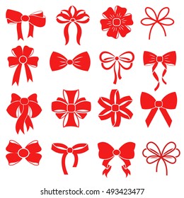 Red gift bow for celebration christmas and present to birthday. Illustration of vector silhouettes for decoration