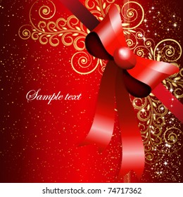 Red gift bow with floral curl. Vector
