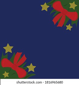 red gift bow with green branches and golden stars on blue background
