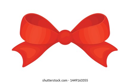 Red gift bow with ribbon. Festive design element. Vector illustration.