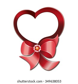 Red gift bow with ribbon and heart tag. Vector illustration