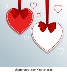 Red gift bow with ribbon and heart  with space for text. Vector imfge.