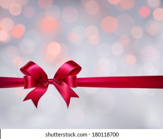 Red gift bow with ribbon on bokeh background. Vector illustration 