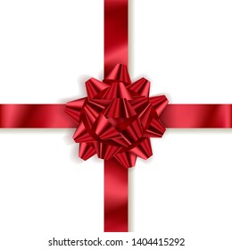 Red gift bow with ribbons isolated on white background. Vector realistic element for design.
