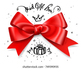 Red gift bow, satin isolated red glamour bow for birthday and christmas giftbox. Present design element