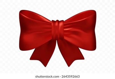Red gift bows isolated. Glossy ribbon decoration for festive packaging, celebration, or greeting cards. Realistic isolated elements for holiday design.