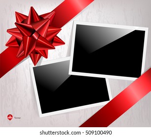 Red gift bows with ribbons, blank photos and wood texture background. Detailed and realistic Vector illustration
