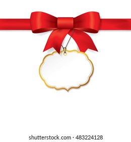 Red gift bows with ribbons On white Background. Red Bow with card. Vector Illustration.