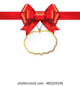 Red gift bows with ribbons On white Background. Red Bow with card. Vector Illustration.