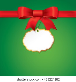 Red gift bows with ribbons On Green Background. Red Bow with card. Vector Illustration.