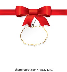 Red gift bows with ribbons On white Background. Red Bow with card. Vector Illustration.