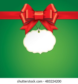 Red gift bows with ribbons On Green Background. Red Bow with card. Vector Illustration.