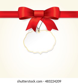 Red gift bows with ribbons On yellow Background. Red Bow with card. Vector Illustration.