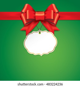 Red gift bows with ribbons On Green Background. Red Bow with card. Vector Illustration.