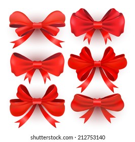 Red gift bows with ribbons. Vector illustration. Set  isolated on white. 