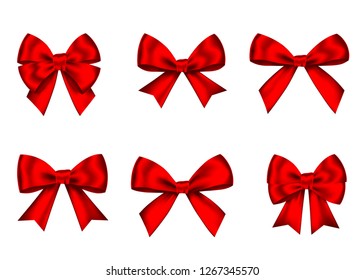 Red  gift  bows set  isolated on white background. Christmas, New Year, birthday  decoration. Vector realistic decor element  for banner, greeting card, poster.