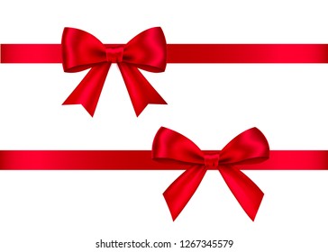 Red  gift  bows set  isolated on white background. Christmas, New Year, birthday  decoration. Vector realistic decor element  for banner, greeting card, poster.