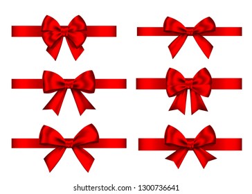 Red  gift  bows set  isolated on white background. Christmas, New Year, birthday  decoration. Vector realistic decor element  for banner, greeting card, poster.