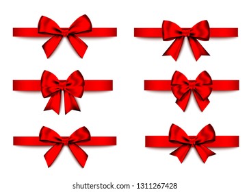 Red  gift  bows set  isolated on white background. Christmas, New Year, birthday  decoration. Vector realistic decor element  for banner, greeting card, poster.