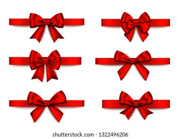 Red  gift  bows set  isolated on white background. Christmas, New Year, birthday  decoration. Vector realistic decor element  for banner, greeting card, poster.