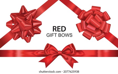 Red gift bows set or top view ribbon isolated on white background, Decorative realistic design, Vector illustration.