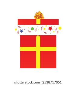 Red gift box, adorned with a cheerful yellow ribbon and playful star motifs, Christmas vector giftbox. vector