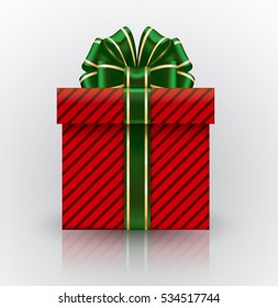 Red Gift box with a big with green bow. Realistic vector object isolated on white background. Christmas decor elements. Green bow with golden strip.