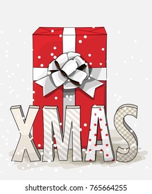 Red gift box with big white ribbon and big letters XMAS on white background, christmas vector illustration, eps 10 with transparency