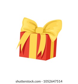 Red gift box with big yellow bow. Happy Birthday theme. Present for holiday. Element for greeting card or banner. Flat vector icon