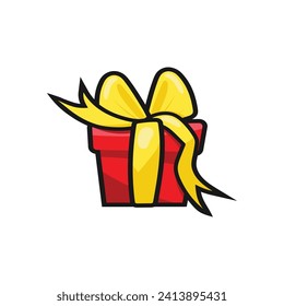 red gift box, birthday celebration, special give away package, loyalty program reward, wonder gift with exclamation mark, vector icon, flat illustration