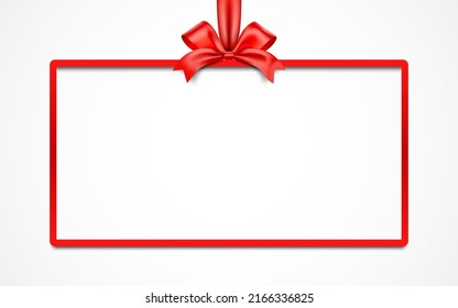 Red gift box blank rectangular vector frame with satin ribbon, isolated on white background.